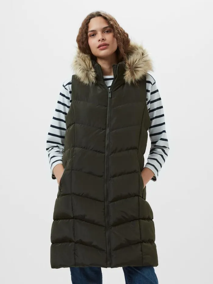 French Connection Coats and Jackets Faux Fur Hooded Chevron Gilet Khaki 8211 Woman
