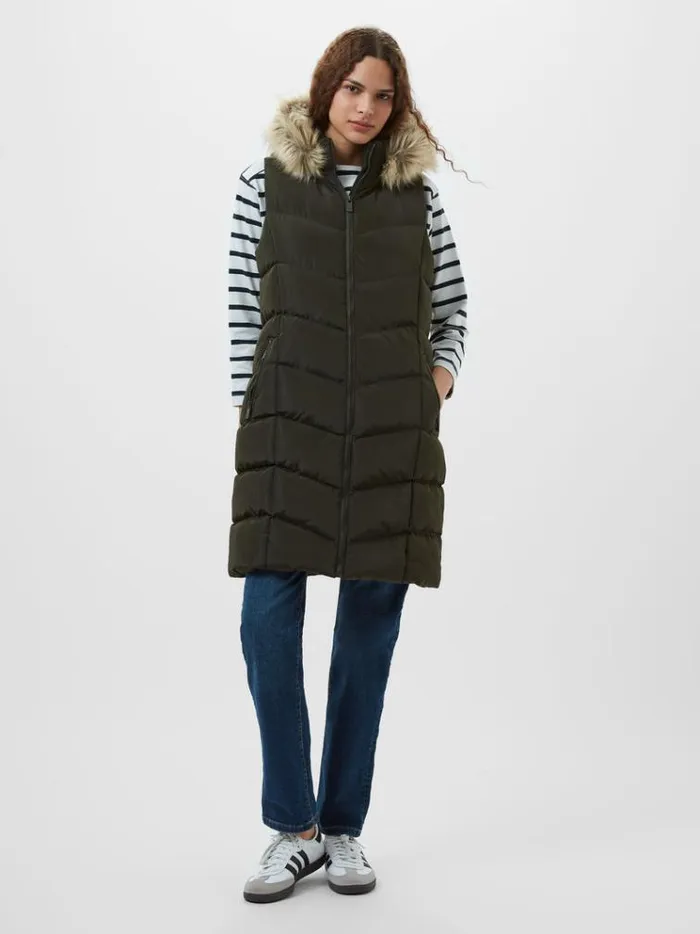French Connection Coats and Jackets Faux Fur Hooded Chevron Gilet Khaki 8211 Woman
