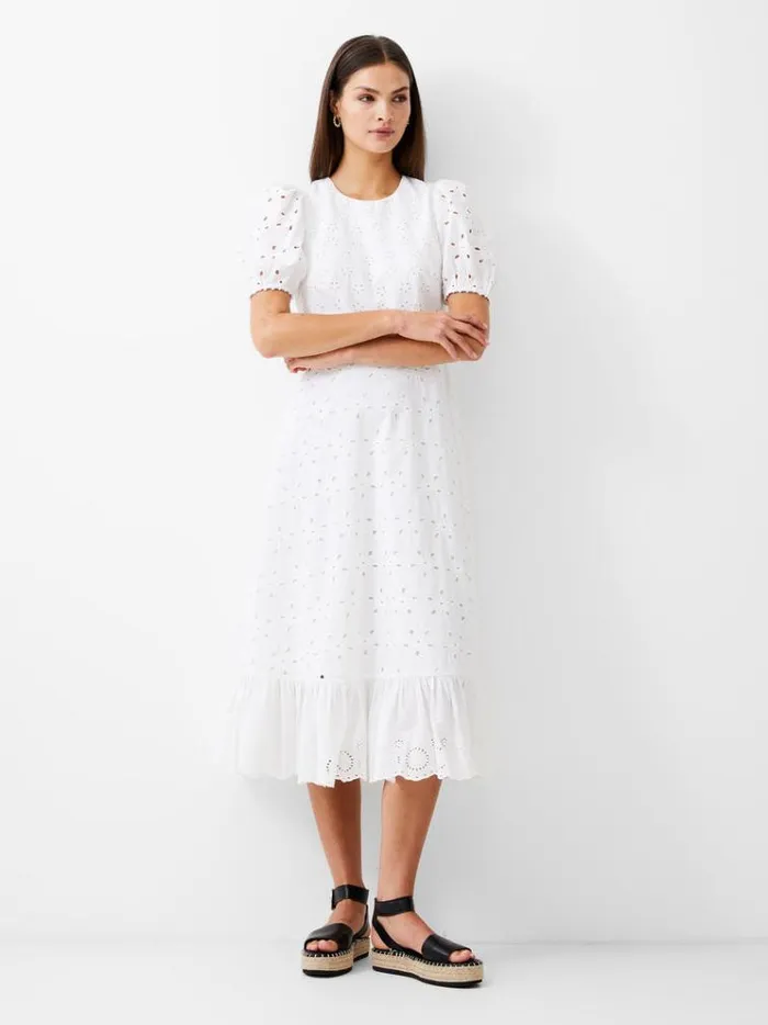 French Connection Dresses Broderie Tiered Midi Dress White 8211 Woman