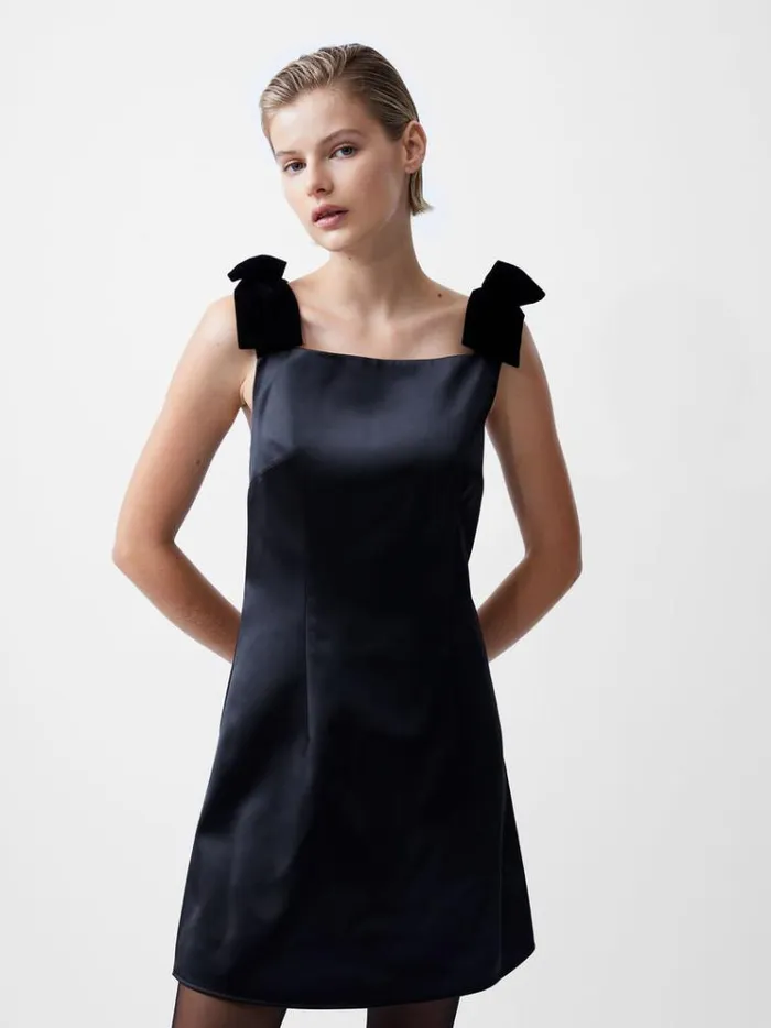 French Connection Dresses Carey Velvet Bow Straps Satin Mini Dress Blackout 8211 Woman