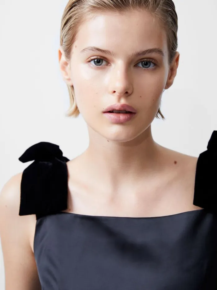 French Connection Dresses Carey Velvet Bow Straps Satin Mini Dress Blackout 8211 Woman