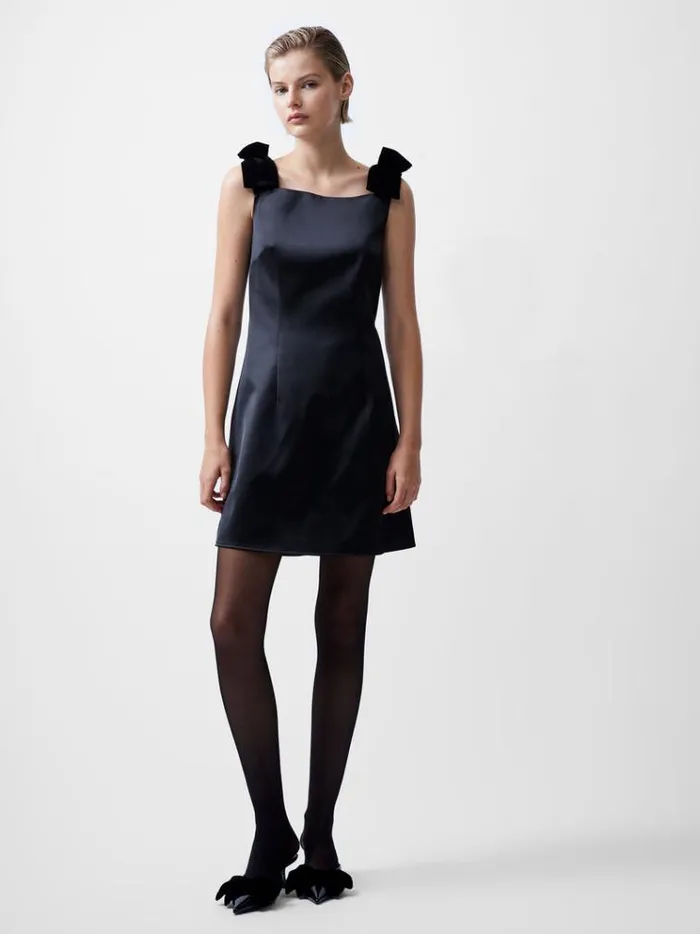 French Connection Dresses Carey Velvet Bow Straps Satin Mini Dress Blackout 8211 Woman