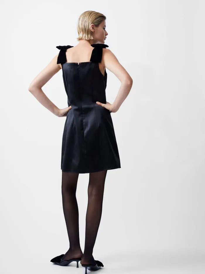 French Connection Dresses Carey Velvet Bow Straps Satin Mini Dress Blackout 8211 Woman