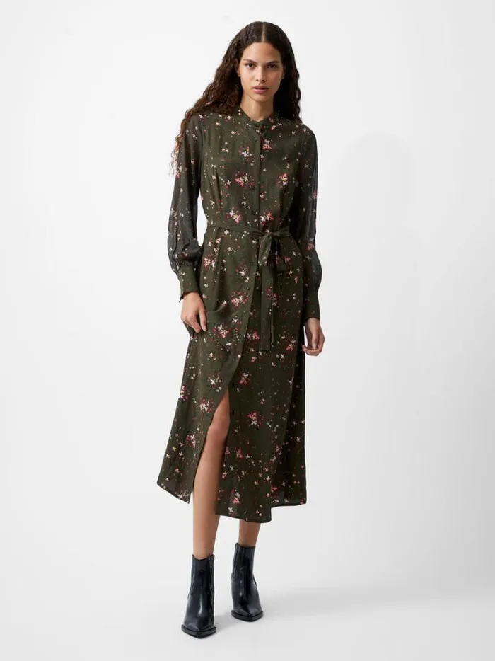 French Connection Dresses Carina Eco Delphine Georgette Mix Shirt Dress Olive Night Multi 8211 Woman