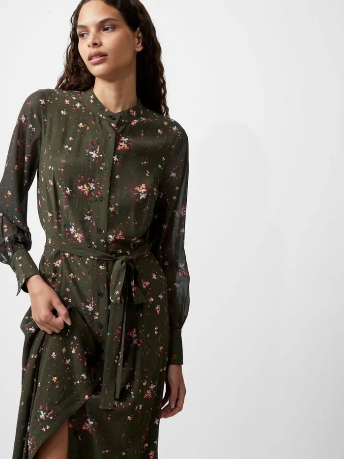 French Connection Dresses Carina Eco Delphine Georgette Mix Shirt Dress Olive Night Multi 8211 Woman