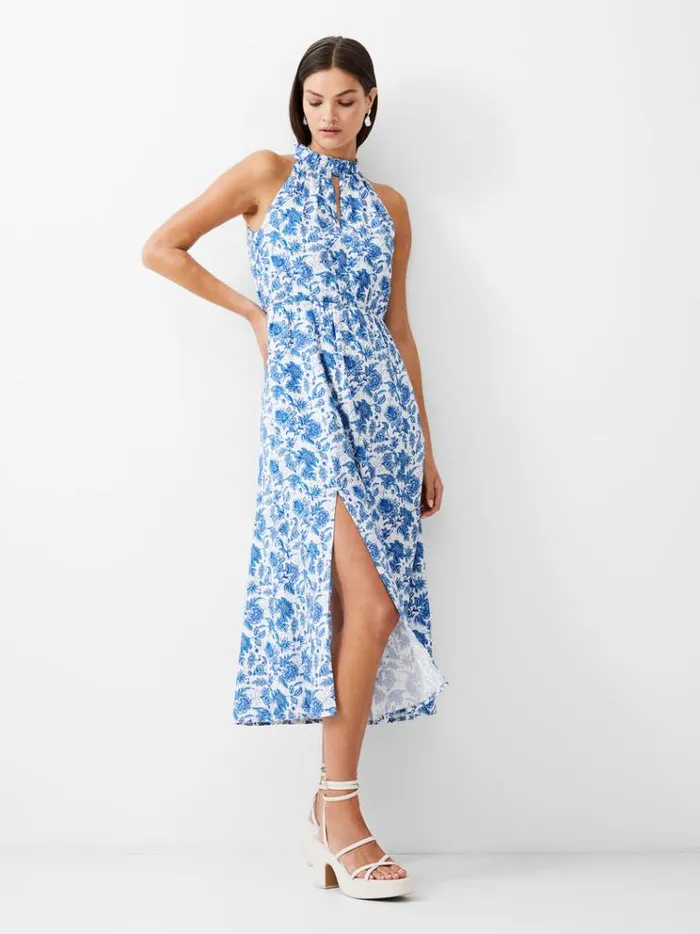 French Connection Dresses Cosette Halterneck Keyhole Midi Dress Whitebaja Blue 8211 Woman French Connection Dresses Cosette Halterneck Keyhole Midi Dress Whitebaja Blue 8211 Woman