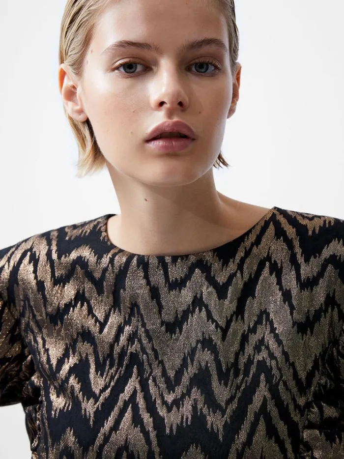 French Connection Dresses Ellery Eco Jacquard Puff Sleeve Mini Dress Blackoutcopper 8211 Woman