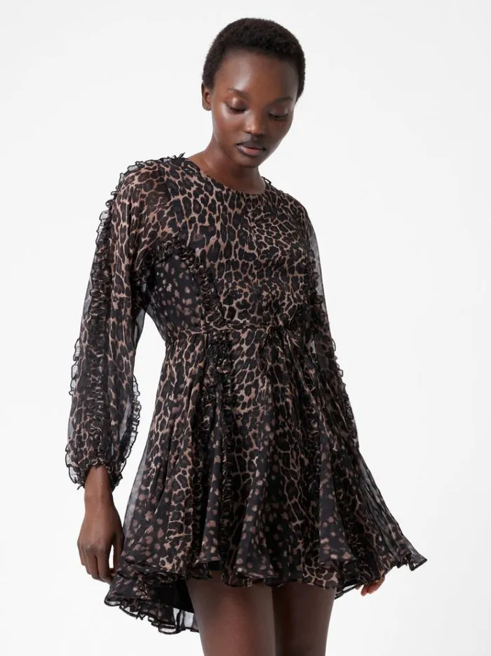 French Connection Dresses Emina Chiffon Leopard Print Long Sleeve Mini Dress Leopard 8211 Woman