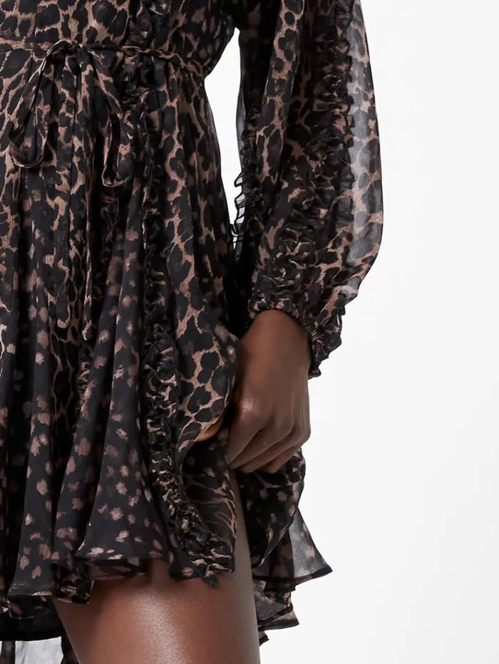French Connection Dresses Emina Chiffon Leopard Print Long Sleeve Mini Dress Leopard 8211 Woman