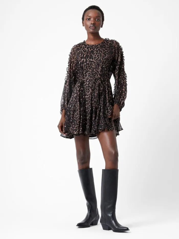 French Connection Dresses Emina Chiffon Leopard Print Long Sleeve Mini Dress Leopard 8211 Woman