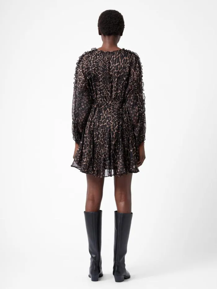 French Connection Dresses Emina Chiffon Leopard Print Long Sleeve Mini Dress Leopard 8211 Woman