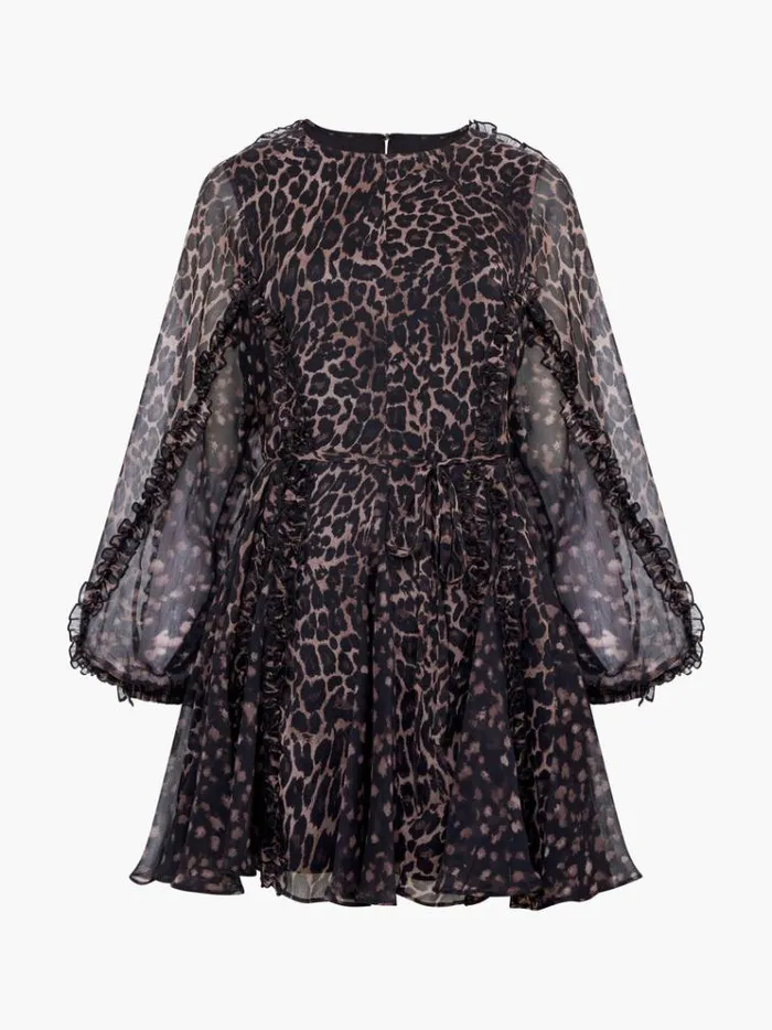 French Connection Dresses Emina Chiffon Leopard Print Long Sleeve Mini Dress Leopard 8211 Woman