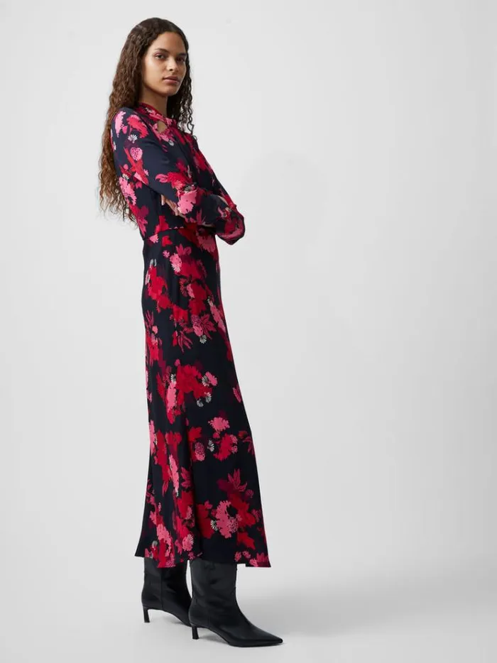 French Connection Dresses Foliage Chiara Tie Knot Neck Dress Blackout Multi 8211 Woman