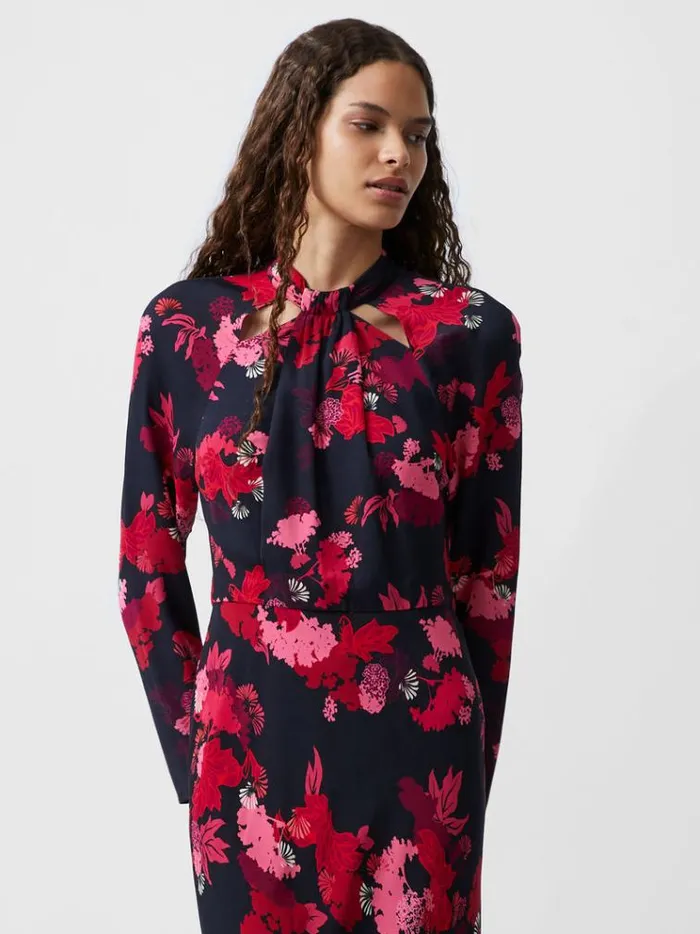 French Connection Dresses Foliage Chiara Tie Knot Neck Dress Blackout Multi 8211 Woman