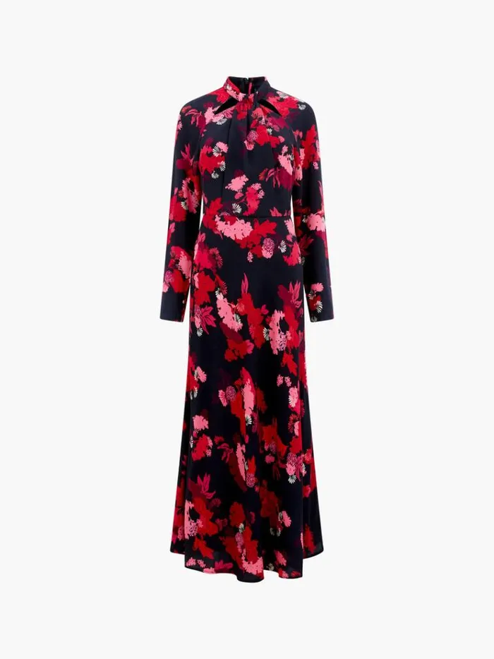 French Connection Dresses Foliage Chiara Tie Knot Neck Dress Blackout Multi 8211 Woman