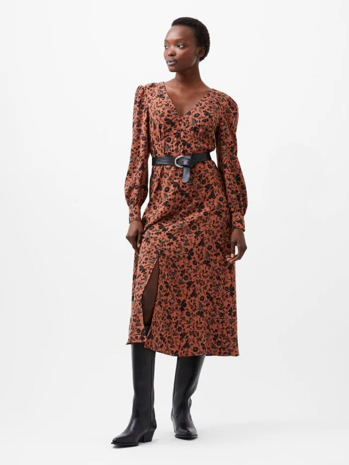 French Connection Dresses Jeanie Brina Crepe Midi Dress Russet Brown Multi 8211 Woman