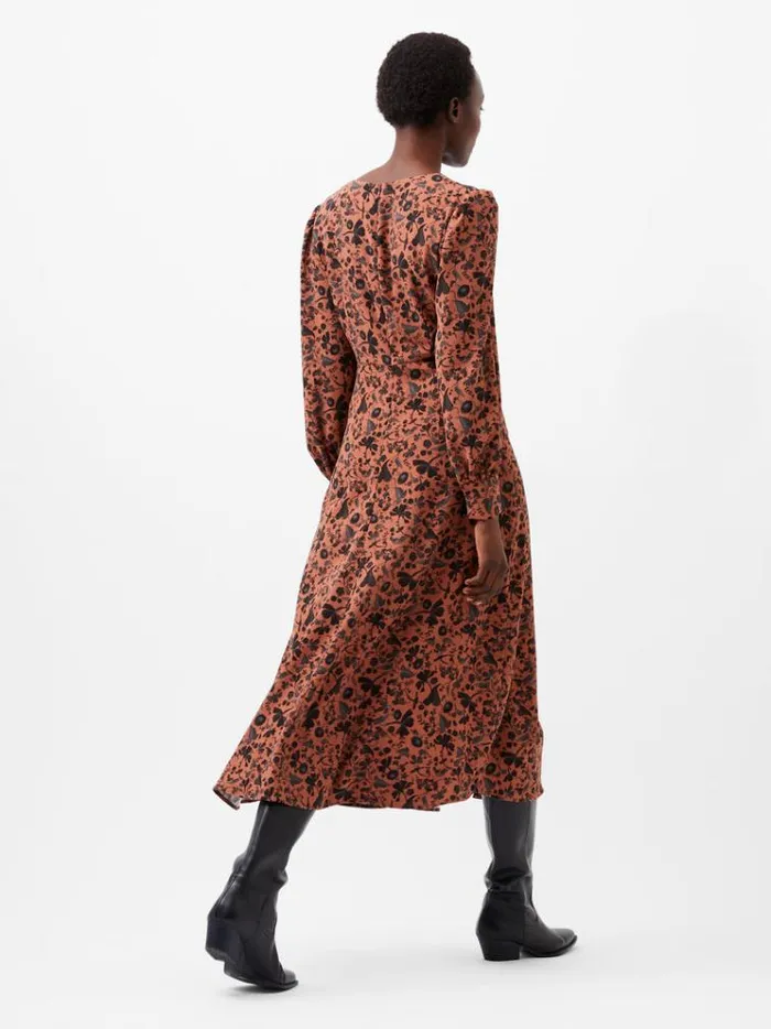 French Connection Dresses Jeanie Brina Crepe Midi Dress Russet Brown Multi 8211 Woman