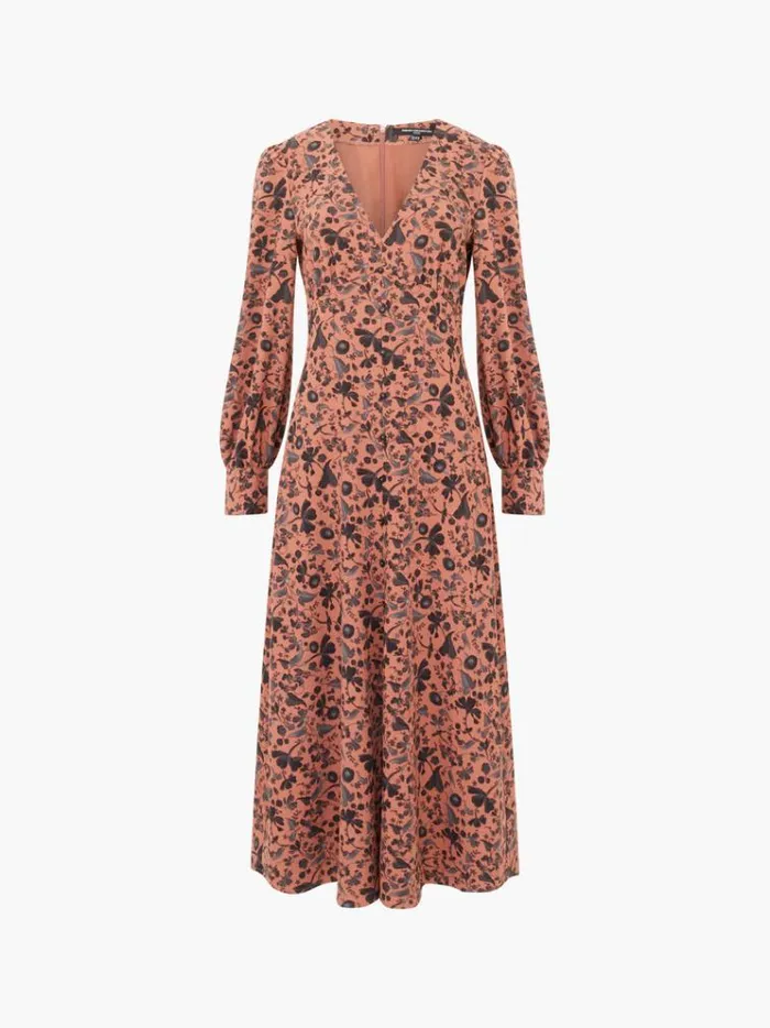 French Connection Dresses Jeanie Brina Crepe Midi Dress Russet Brown Multi 8211 Woman