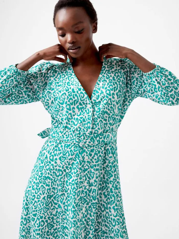 French Connection Dresses Leopard Georgette Midi Dress Jelly Beanwhite 8211 Woman