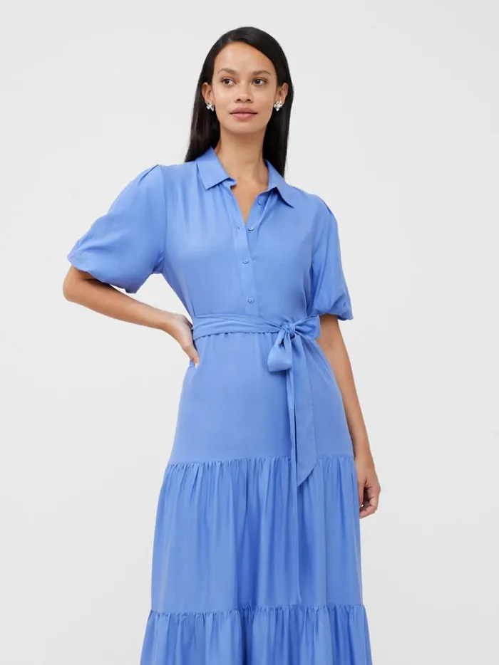 French Connection Dresses Puff Sleeve Tiered Midi Shirt Dress Bay Blue 8211 Woman