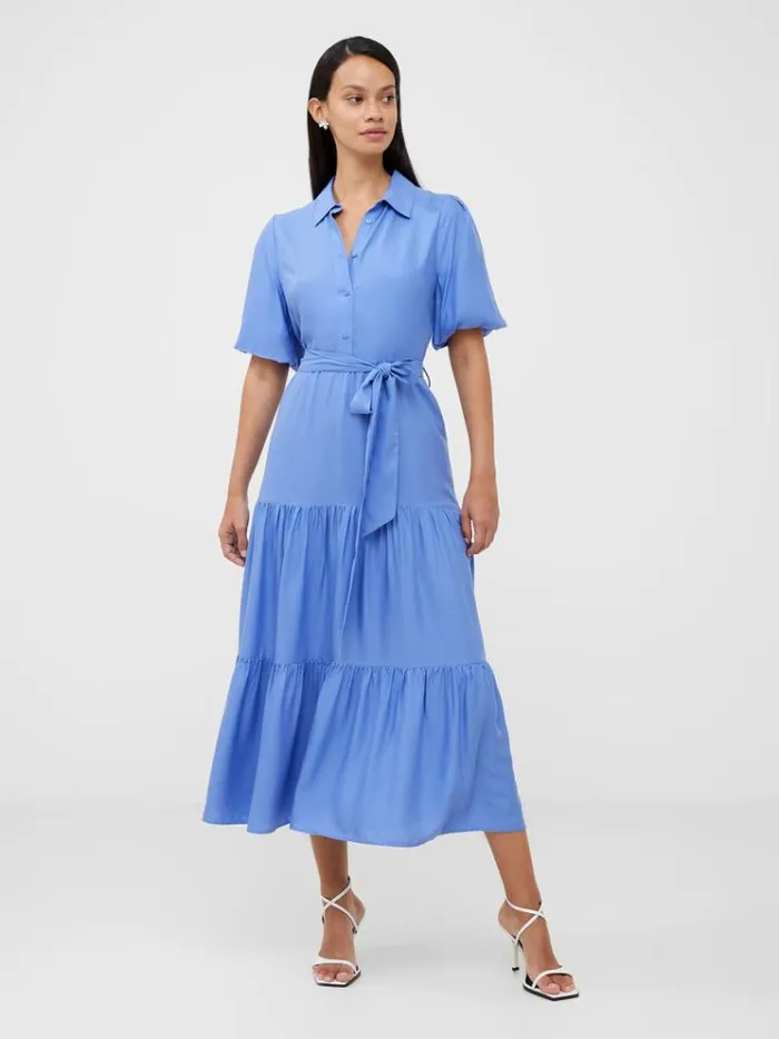 French Connection Dresses Puff Sleeve Tiered Midi Shirt Dress Bay Blue 8211 Woman