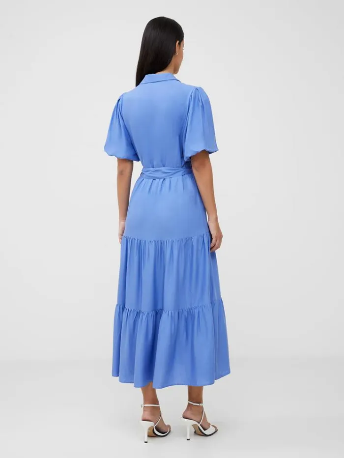 French Connection Dresses Puff Sleeve Tiered Midi Shirt Dress Bay Blue 8211 Woman