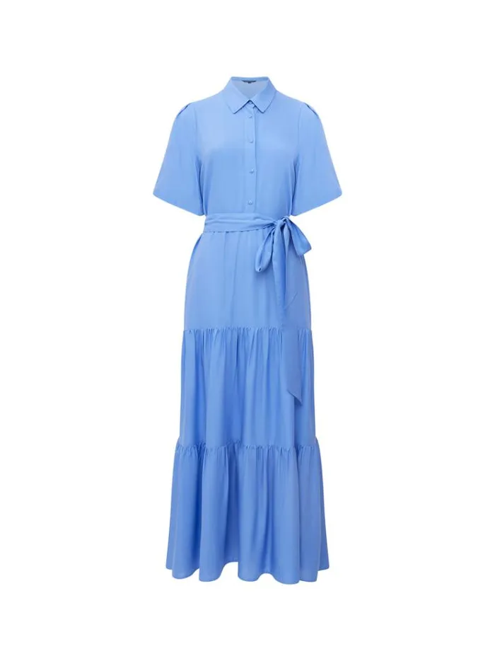 French Connection Dresses Puff Sleeve Tiered Midi Shirt Dress Bay Blue 8211 Woman