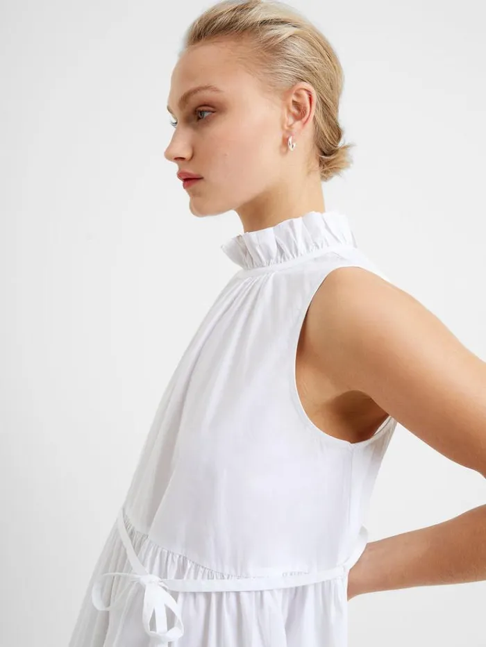 French Connection Dresses Rhodes Poplin Sleeveless Tiered Mini Dress Linen White 8211 Woman