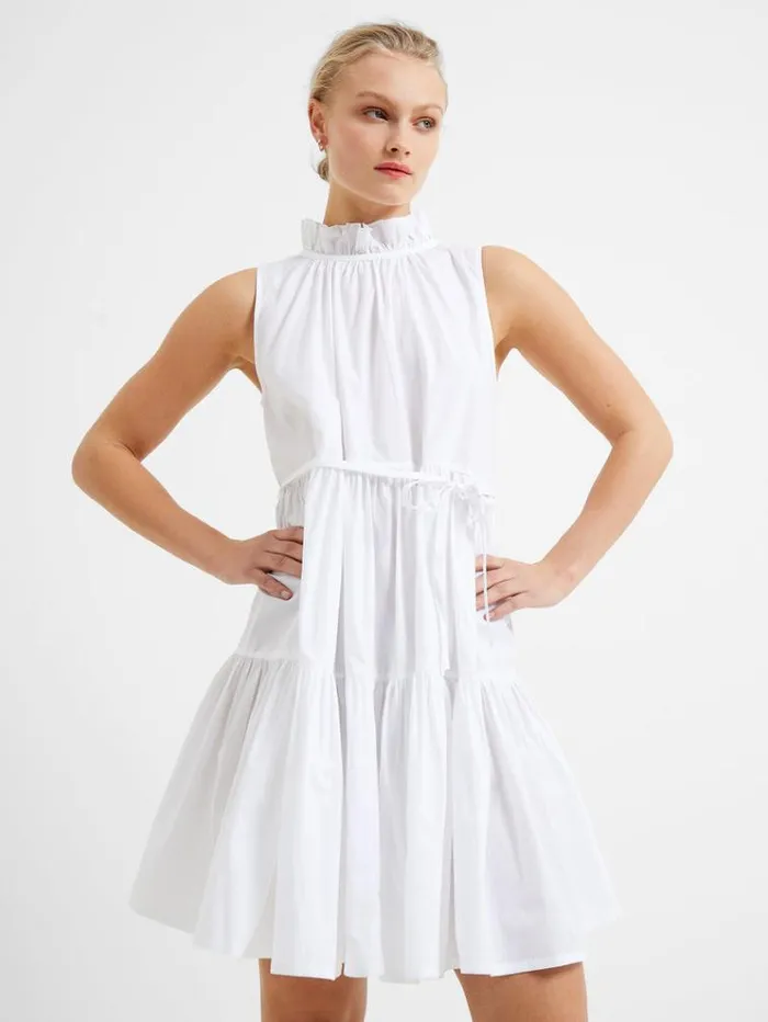 French Connection Dresses Rhodes Poplin Sleeveless Tiered Mini Dress Linen White 8211 Woman