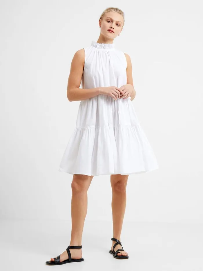 French Connection Dresses Rhodes Poplin Sleeveless Tiered Mini Dress Linen White 8211 Woman