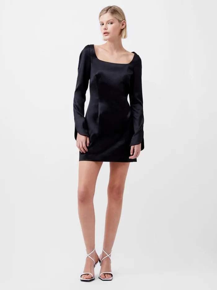 French Connection Dresses Structured Satin Long Sleeve Scoop Neck Mini Dress Black 8211 Woman