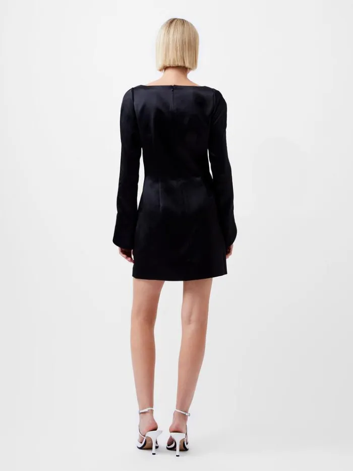 French Connection Dresses Structured Satin Long Sleeve Scoop Neck Mini Dress Black 8211 Woman