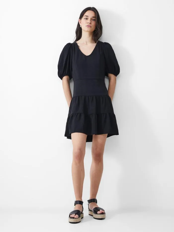French Connection Dresses Vee Tiered Crinkle Mini Dress Black 8211 Woman