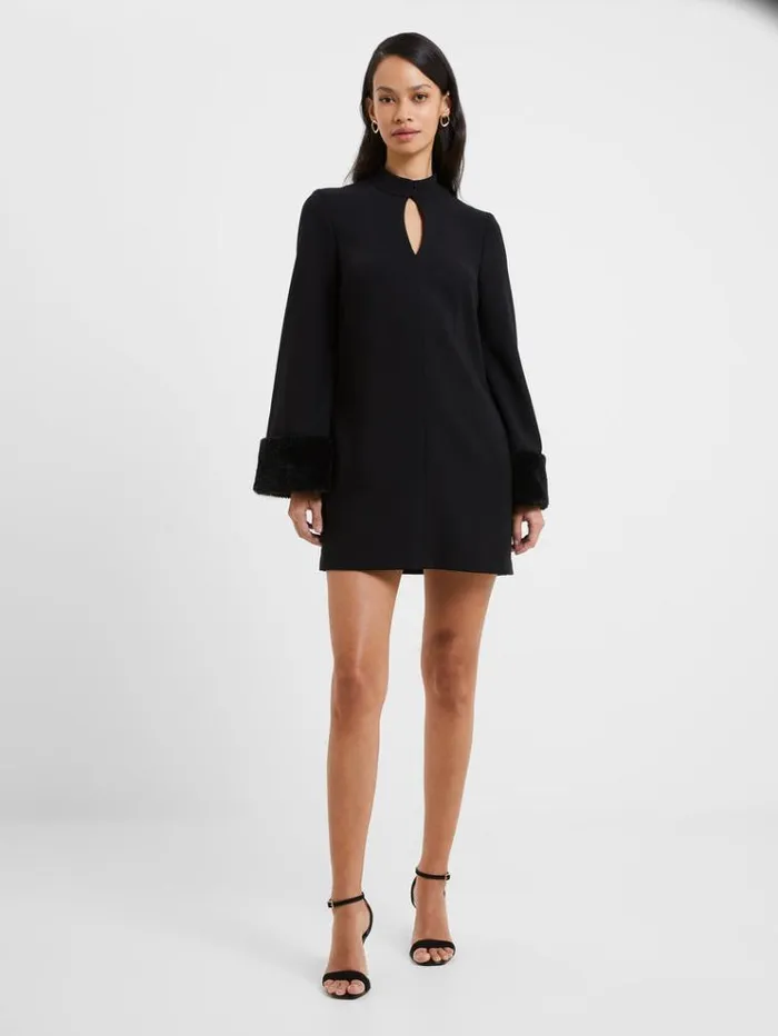 French Connection Dresses Whisper Ruth Faux Fur Trim Mini Dress Blackout 8211 Woman