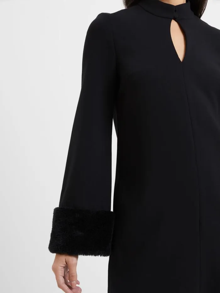 French Connection Dresses Whisper Ruth Faux Fur Trim Mini Dress Blackout 8211 Woman