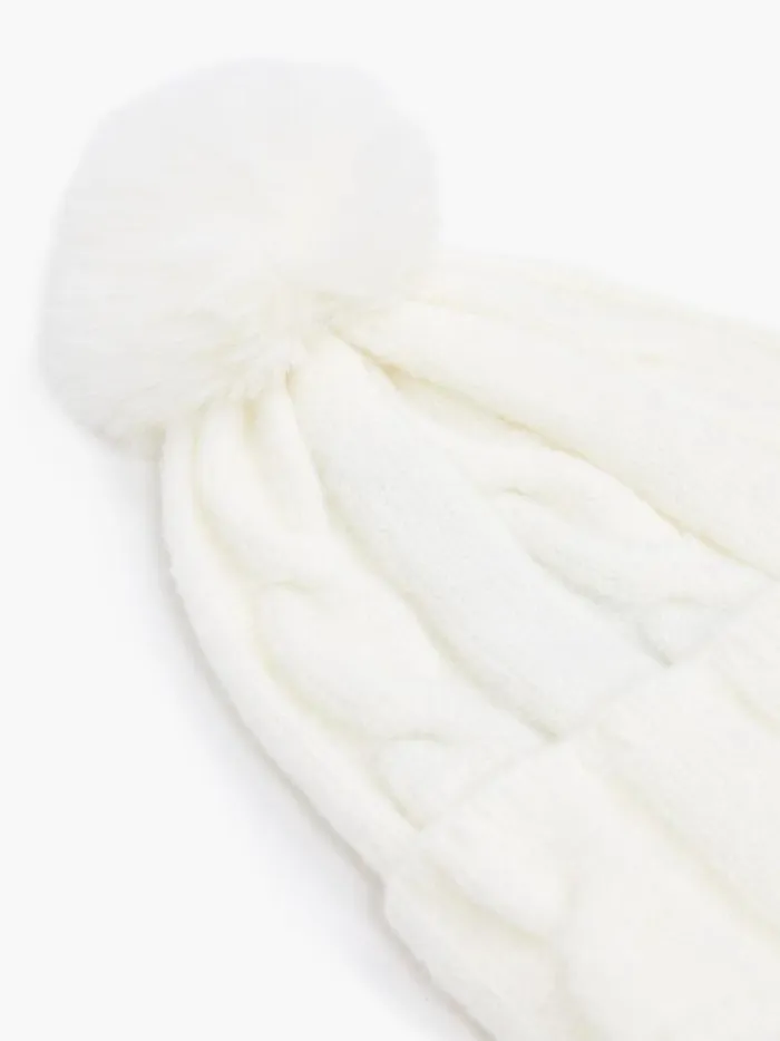 French Connection Hats Cable Knit PomPom Beanie Winter White 8211 Woman