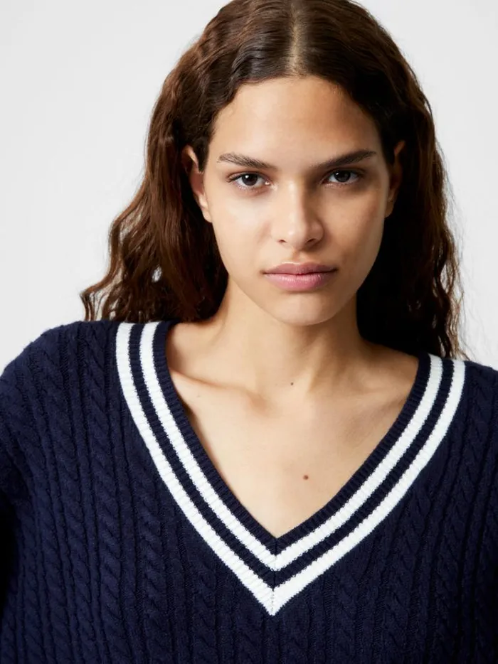 French Connection Jumpers and Cardigans Babysoft Cable VNeck Jumper Duch Bluewnt Wht 8211 Woman