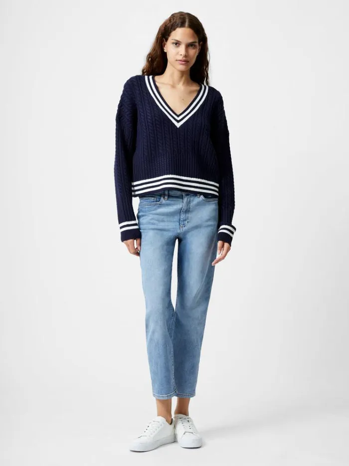 French Connection Jumpers and Cardigans Babysoft Cable VNeck Jumper Duch Bluewnt Wht 8211 Woman