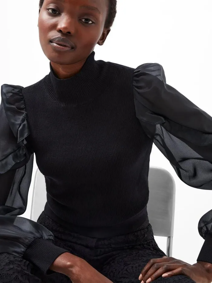 French Connection Jumpers and Cardigans Krista Organza Puff Sleeve Top Blackout 8211 Woman French Connection Jumpers and Cardigans Krista Organza Puff Sleeve Top Blackout 8211 Woman