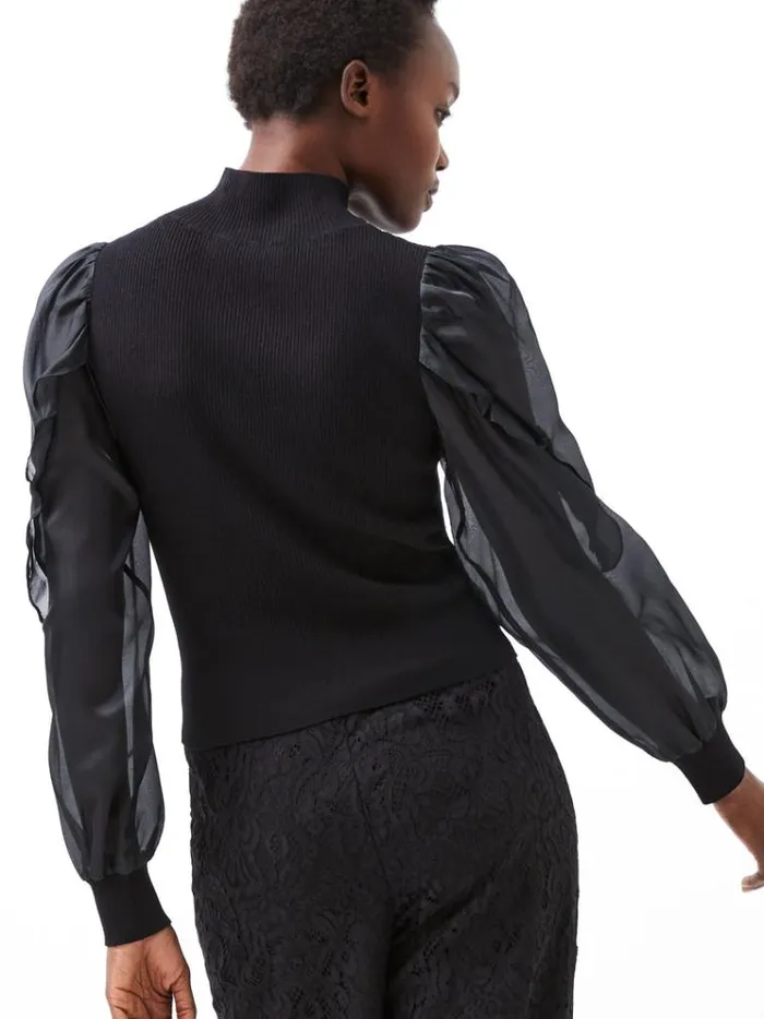 French Connection Jumpers and Cardigans Krista Organza Puff Sleeve Top Blackout 8211 Woman