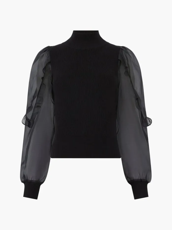 French Connection Jumpers and Cardigans Krista Organza Puff Sleeve Top Blackout 8211 Woman