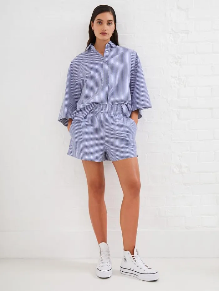 French Connection Skirts and Shorts Rhodes Poplin Stripe PullOn Shorts Linen Whitemarine 8211 Woman