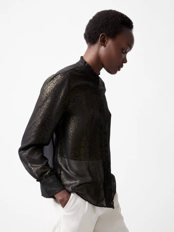 French Connection Tops Alina Foil Georgette Frill Long Sleeve Top Blackbronze 8211 Woman French Connection Tops Alina Foil Georgette Frill Long Sleeve Top Blackbronze 8211 Woman