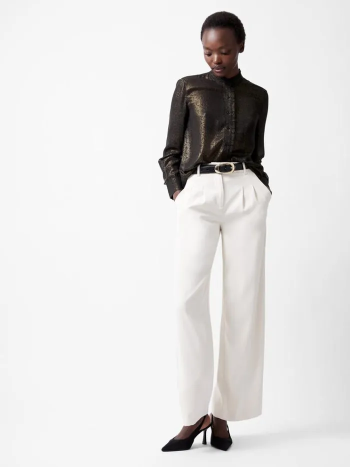 French Connection Tops Alina Foil Georgette Frill Long Sleeve Top Blackbronze 8211 Woman