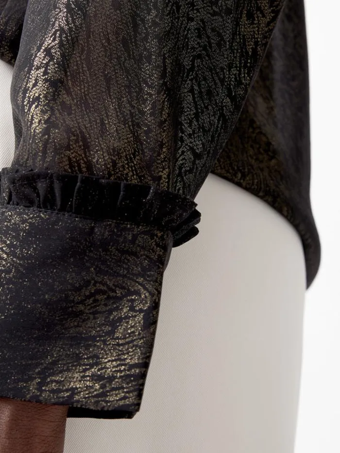 French Connection Tops Alina Foil Georgette Frill Long Sleeve Top Blackbronze 8211 Woman