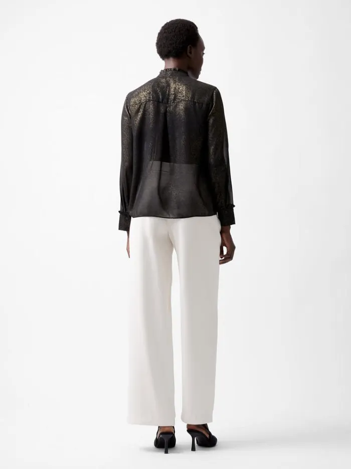 French Connection Tops Alina Foil Georgette Frill Long Sleeve Top Blackbronze 8211 Woman