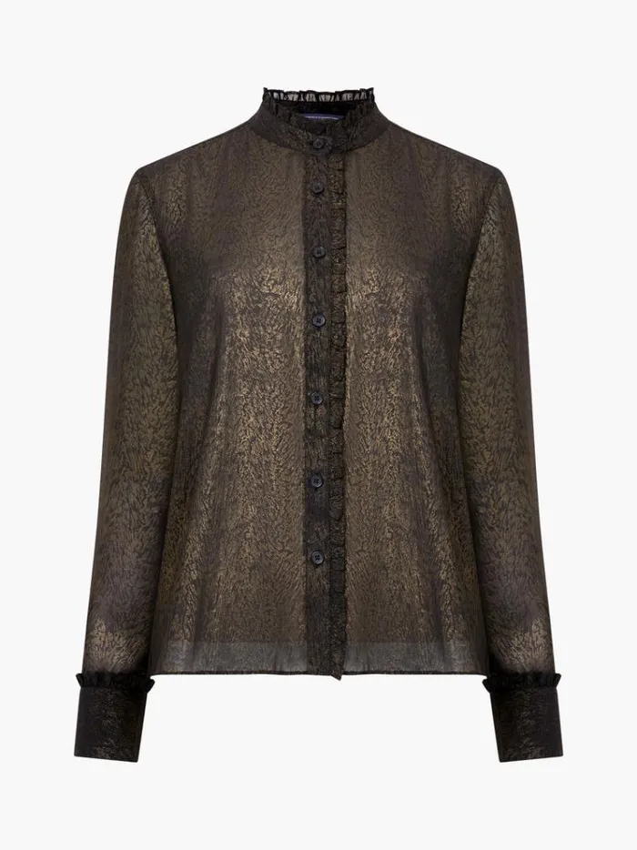 French Connection Tops Alina Foil Georgette Frill Long Sleeve Top Blackbronze 8211 Woman