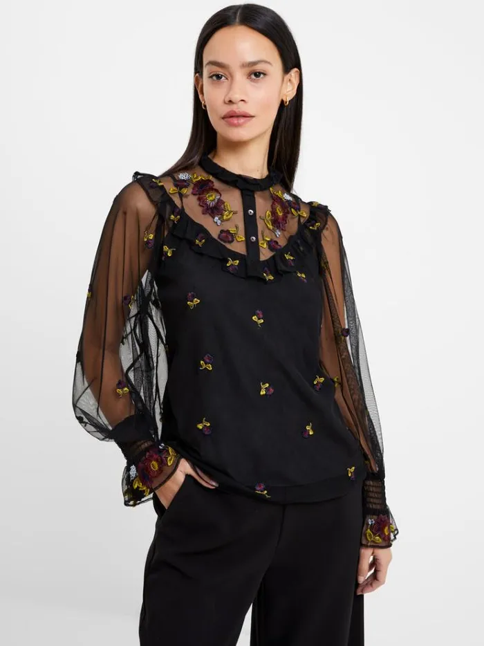 French Connection Tops Camielle Embroidered Shirt Blackout 8211 Woman