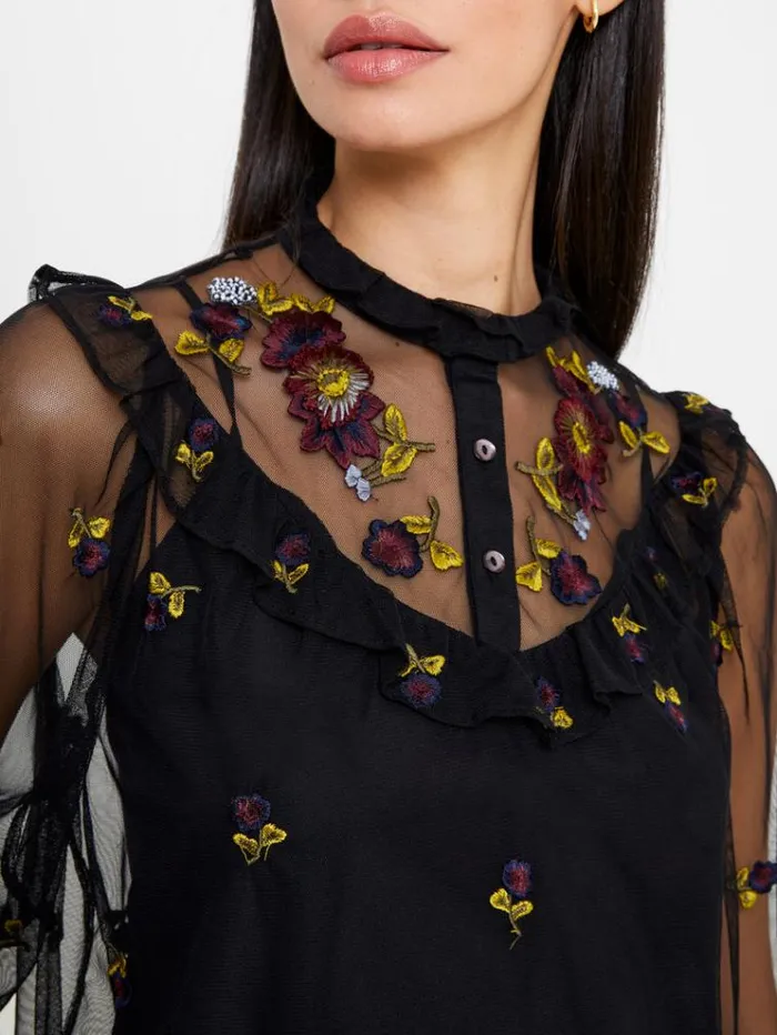 French Connection Tops Camielle Embroidered Shirt Blackout 8211 Woman