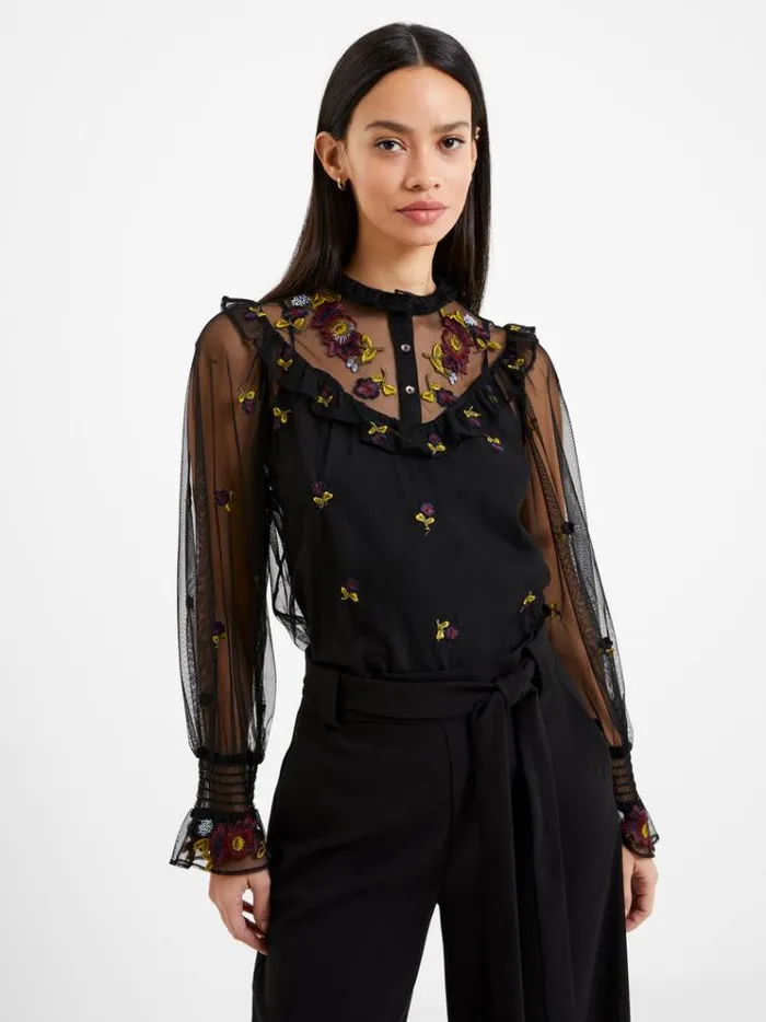 French Connection Tops Camielle Embroidered Shirt Blackout 8211 Woman
